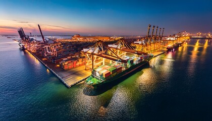 Naklejka premium aerial view of freight ship docked at container port surrounded by shipping cranes and colorful cargo containers illuminated by night lights