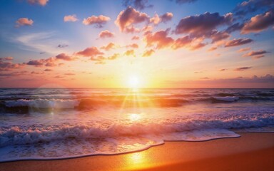 Stunning Ocean Sunset with Golden Light Reflecting on the Waves and Sandy Beach