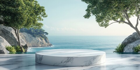 A marble podium surrounded by scenic ocean view with trees