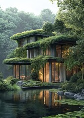Fototapeta premium Modern eco-friendly home surrounded by lush forest and calm water.