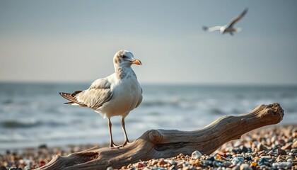 A solitary seabird perched on weathered driftwood, overlooking a tranquil ocean scene with another bird in flight