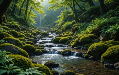 Fototapeta premium Serene Mossy Rocks Green Forest Stream Water Nature Peaceful Tranquil Sunlight Lush Greenery zen 