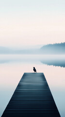 Fototapeta premium Minimalist lake scene with wooden pier and lone bird