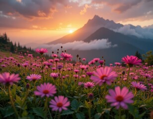 Fototapeta premium Beautiful Pink Flowers Sunset Mountain Meadow Landscape Nature Scenery rays field bloom light flora 