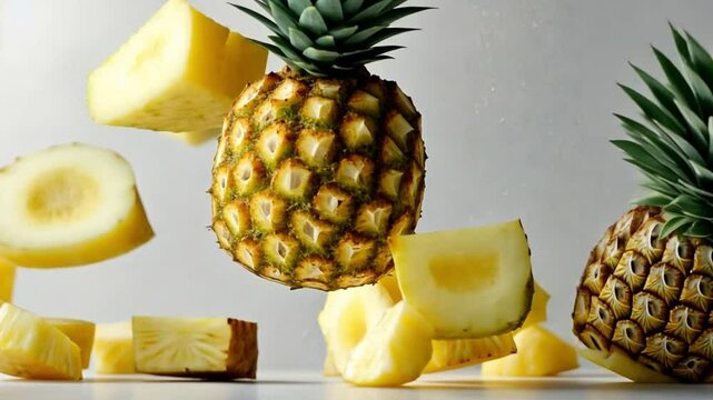 A Stunning Pineapple Photo: Juicy Chunks Falling Around a Whole Pineapple