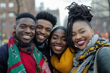 Four smiling black women are posing for a picture, each wearing a scarf. Scene is happy and friendly