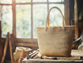 Sustainable Straw Bag Being Woven on Wooden Loom, Muted Sepia Tones, Eco-Friendly Artisan Craft Display, Selective Focus, Copy Space