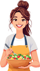 Vsai smiling cook holding bowl of fresh salad with vegetables and eggs