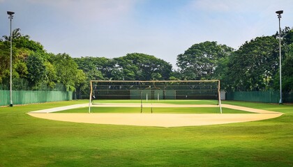 modern cricket net practice facility with synthetic pitches surrounded by lush greenery and trees