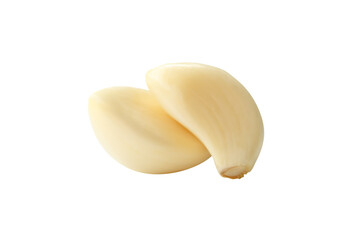 Side view of peeled garlic cloves or pieces in stack isolated on white background with clipping path