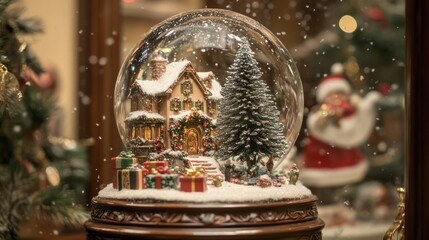 Festive snow globe with house, tree, gifts, and falling snow.