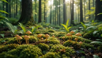Golden Mushrooms Forest Moss Sunlight Nature Scene Peaceful Wild Life Green Magic Image Plants      