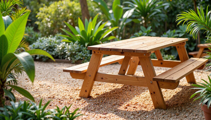 Obraz premium Restored wooden picnic table in botanical garden, serene ambiance