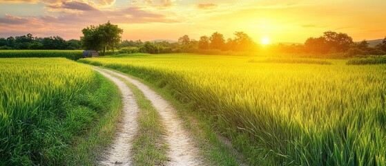 Fototapeta premium Serene sunset over a tranquil countryside scene, showcasing a dirt road winding through a vibrant golden wheat field.