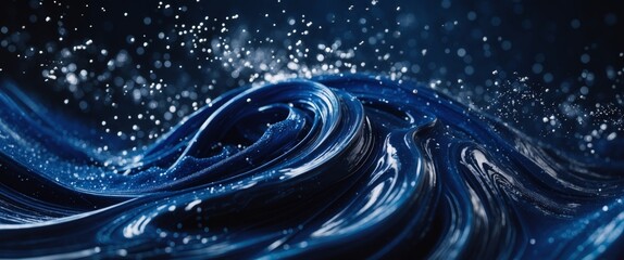 Abstract Deep Blue Liquid Swirls with Glimmering Particles Stunning Dark Background Texture Image.
