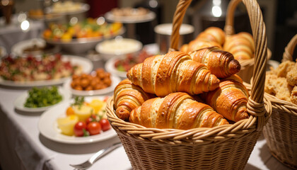 Basket of croissants on catering table in formal dining area, event catering