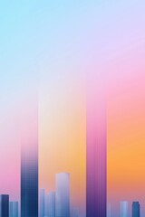 Obraz premium A city skyline with a colorful sky background. The sky is a mix of pink, purple, and blue. The buildings are tall and the city appears to be bustling with activity