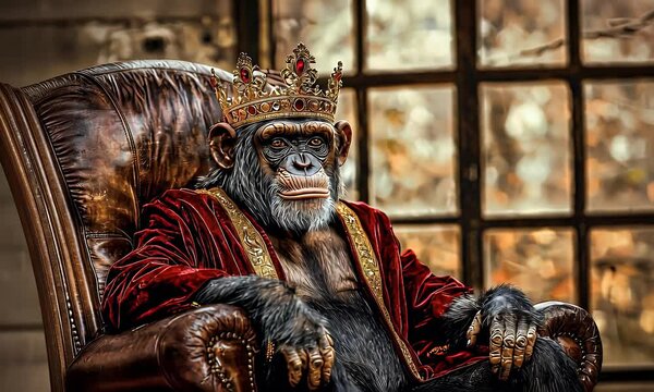 Regal chimpanzee in leather chair, crown, velvet robe; window background; humorous royalty concept
