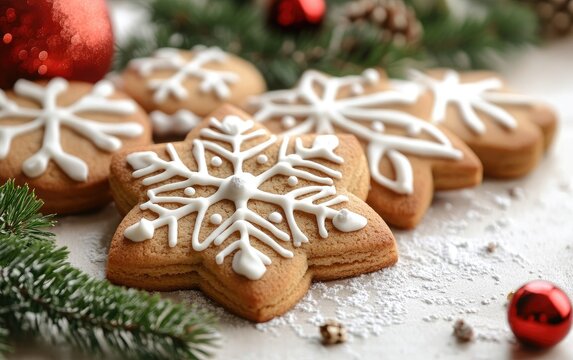 A decorated gingerbread star cookie, a sweet holiday treat, with white icing on a brown baked biscuit