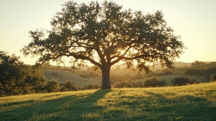 Fototapeta premium Majestic oak tree silhouetted against a sunset over rolling hills.