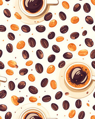 Obraz premium seamless pattern Realistic and artistic illustrations of coffee beans, brewing equipment, coffee cups for background or wallpaper