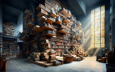 Obraz premium Vast library interior, filled with books, bathed in sunlight