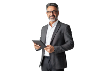 Confident senior businessman in suit holding a tablet, isolated on transparent background