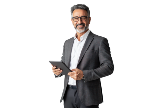 Confident senior businessman in suit holding a tablet, isolated on transparent background