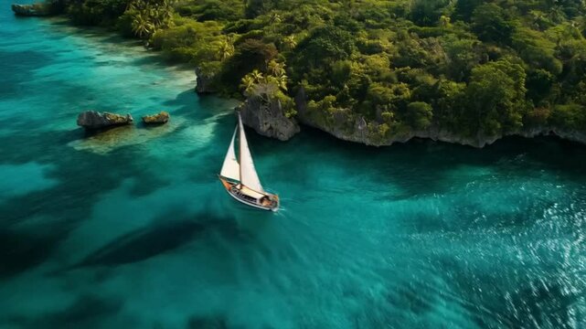 A sailboat sails in the ocean near a rocky coast. Smooth repeating motion for background video animation.