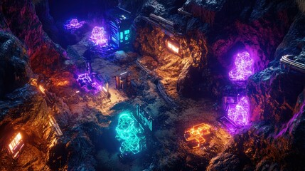 Fototapeta premium A futuristic cave displays glowing structures with vibrant colored lights
