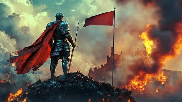 A valiant knight stands on a rocky outcrop, overlooking a burning battlefield with a red flag raised