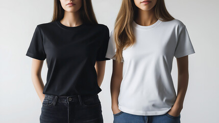 Portrait of two woman in oversized white blank T shirt on the left, black blank T shirt on the right, Template front view