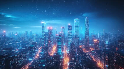 Fototapeta premium Futuristic city skyline at night with glowing buildings and starry sky.