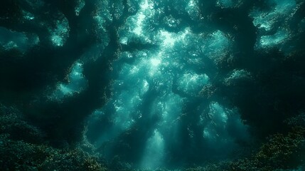 Obraz premium an underwater scene where sunlight pierces through water, casting radiant beams onto the sea floor, creating a tranquil, mystical atmosphere.