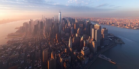 Panoramic view of New York City skyline at sunset
