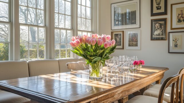 Mesa de comedor decorada con flores y copas