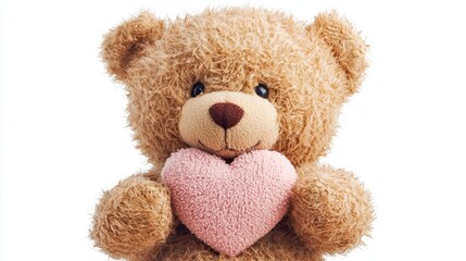 Obraz premium A teddy bear is holding a pink heart in its mouth
