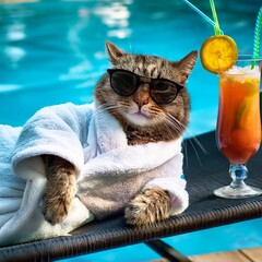 A cat lounges by the pool on a sunny day, wearing stylish sunglasses and a cozy white robe. A vibrant cocktail sits beside it, adding to the relaxing atmosphere.
