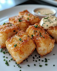 Fototapeta premium Crispy Golden Brown Fried Potato Cakes with Creamy Dipping Sauce on White Plate