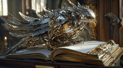 Mechanical hawk perched on antique book.
