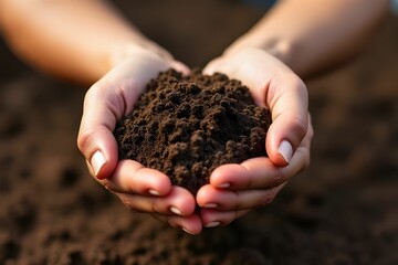 hands hold dark soil. The importance of soil health, agriculture, and environmental sustainability. The hands appear nurturing, symbolizing care for the earth, growth, and the cycle of life in nature.