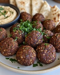 Freshly Cooked Falafel Served with Hummus and Flatbread on a Rustic Plate