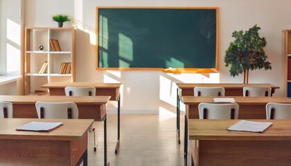 Empty Classroom. Vintage wooden Chairs and Desks, Back to school concept
