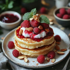 pancakes with strawberry jam Sweet Raspberry Pancakes: A close-up of pancakes adorned with fresh raspberries, syrupy goodness, and sliced almonds, a perfect morning indulgence."