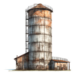 Rusty Industrial Silo and Attached Building Exterior View