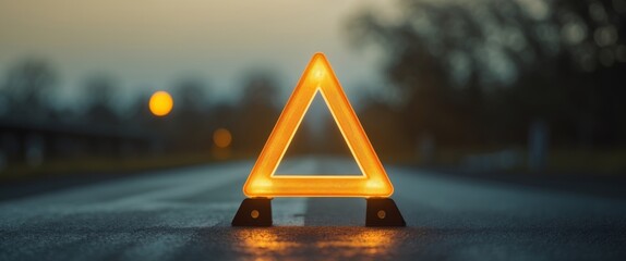 Luminous warning triangle on asphalt road at twilight conveying message of caution and roadside assistance with blurred background and focus on safety