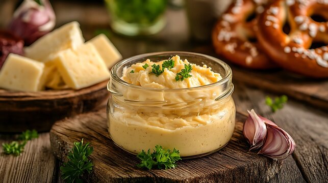 Cheese spread also called obatzter or obazda with a pretzel or laugenbrezel