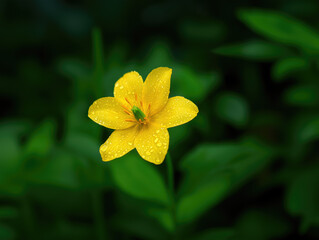 Obraz premium Earth Day celebration: Vibrant yellow flower with dewy petals and golden stamens in sharp natural focus. Symbolizing ecological beauty with soft bokeh foliage, minimalist elegance.