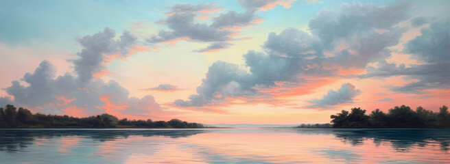 Naklejka premium Serene landscape of a tranquil river at sunset with vibrant pink and blue skies reflected in the water.