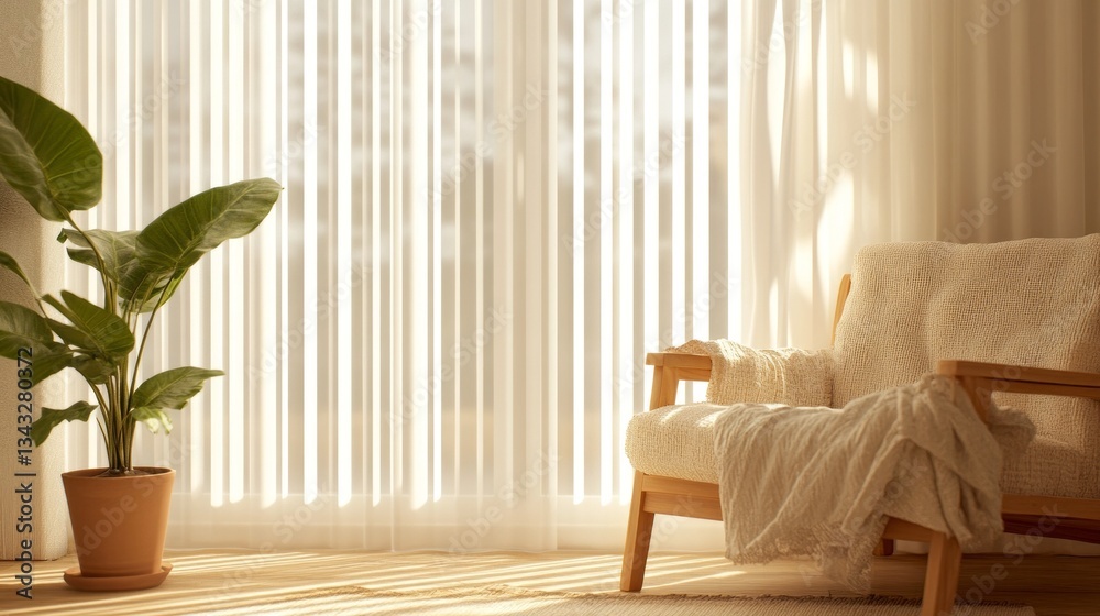 Poster Sunlight filters softly through light drapes, casting gentle shadows in a minimalistic room. A lush green plant stands next to a plush armchair draped with a soft throw, inviting relaxation